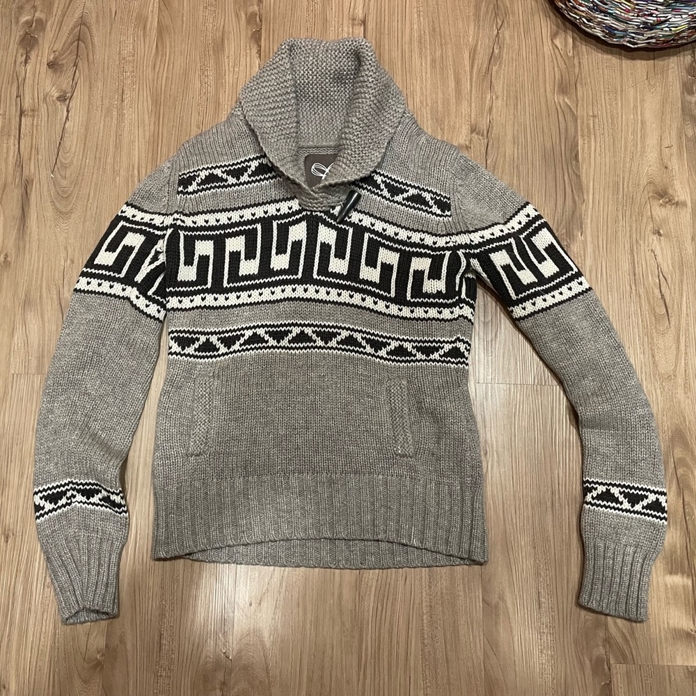TNA Gray and Black Patterned Cowl Neck Sweater
